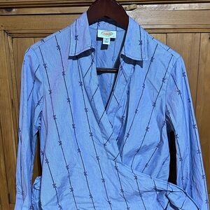 Talbots Blue long sleeve Wrap Blouse with bow tie Accents